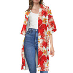 Red Hibiscus Plumeria Pattern Print Open Front Beach Cover Up