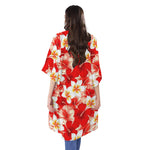 Red Hibiscus Plumeria Pattern Print Open Front Beach Cover Up