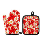 Red Hibiscus Plumeria Pattern Print Oven Mitt And Pot Holder Set