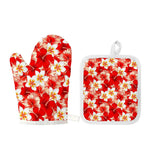 Red Hibiscus Plumeria Pattern Print Oven Mitt And Pot Holder Set