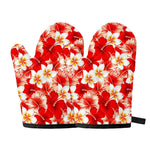 Red Hibiscus Plumeria Pattern Print Oven Mitts