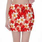 Red Hibiscus Plumeria Pattern Print Pencil Mini Skirt