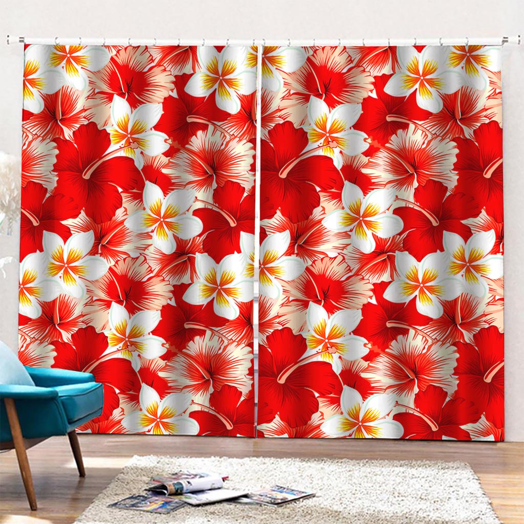 Red Hibiscus Plumeria Pattern Print Pencil Pleat Curtains