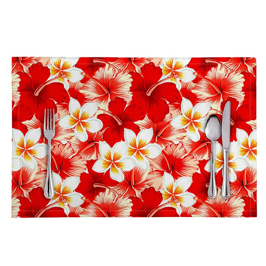 Red Hibiscus Plumeria Pattern Print Placemat
