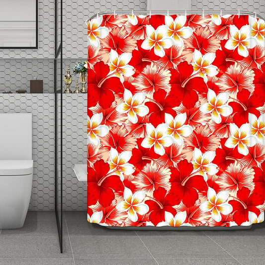 Red Hibiscus Plumeria Pattern Print Polyester Shower Curtain