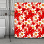 Red Hibiscus Plumeria Pattern Print Polyester Shower Curtain