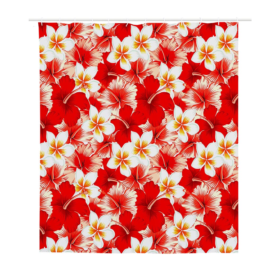 Red Hibiscus Plumeria Pattern Print Polyester Shower Curtain