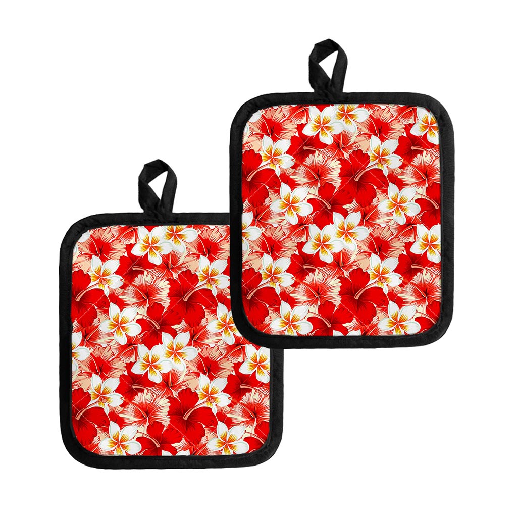 Red Hibiscus Plumeria Pattern Print Pot Holders