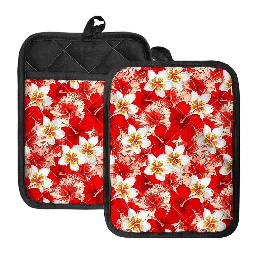 Red Hibiscus Plumeria Pattern Print Pot Holders With Pocket