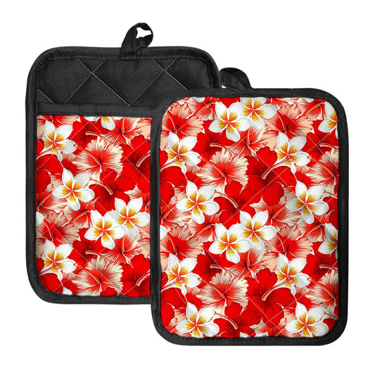 Red Hibiscus Plumeria Pattern Print Pot Holders With Pocket