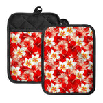Red Hibiscus Plumeria Pattern Print Pot Holders With Pocket