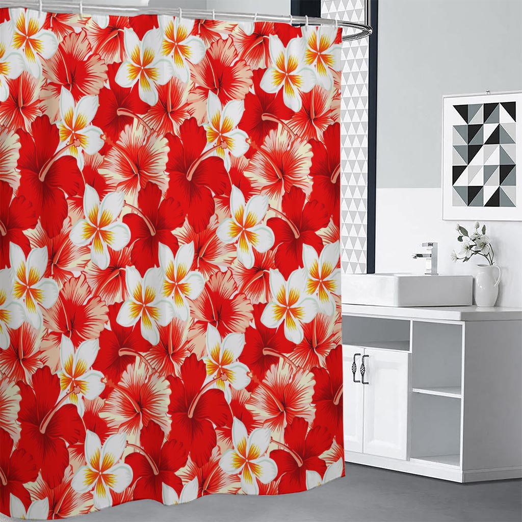 Red Hibiscus Plumeria Pattern Print Premium Shower Curtain
