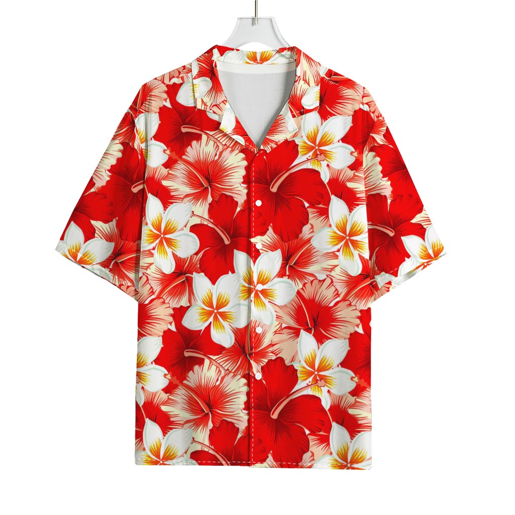 Red Hibiscus Plumeria Pattern Print Rayon Hawaiian Shirt