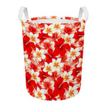 Red Hibiscus Plumeria Pattern Print Round Laundry Basket