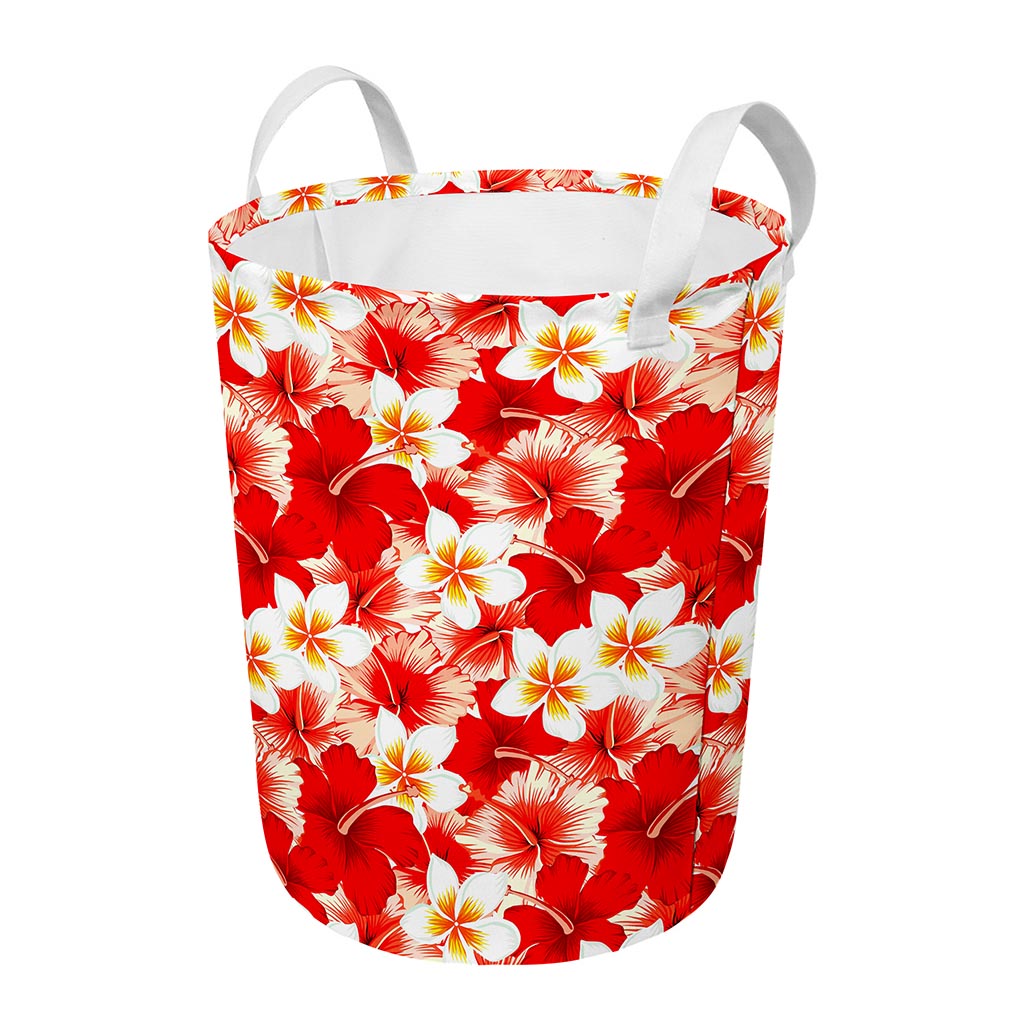 Red Hibiscus Plumeria Pattern Print Round Laundry Basket