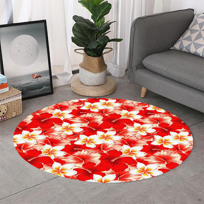 Red Hibiscus Plumeria Pattern Print Round Rug
