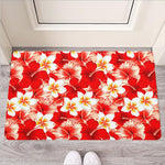 Red Hibiscus Plumeria Pattern Print Rubber Doormat