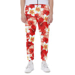 Red Hibiscus Plumeria Pattern Print Scuba Joggers