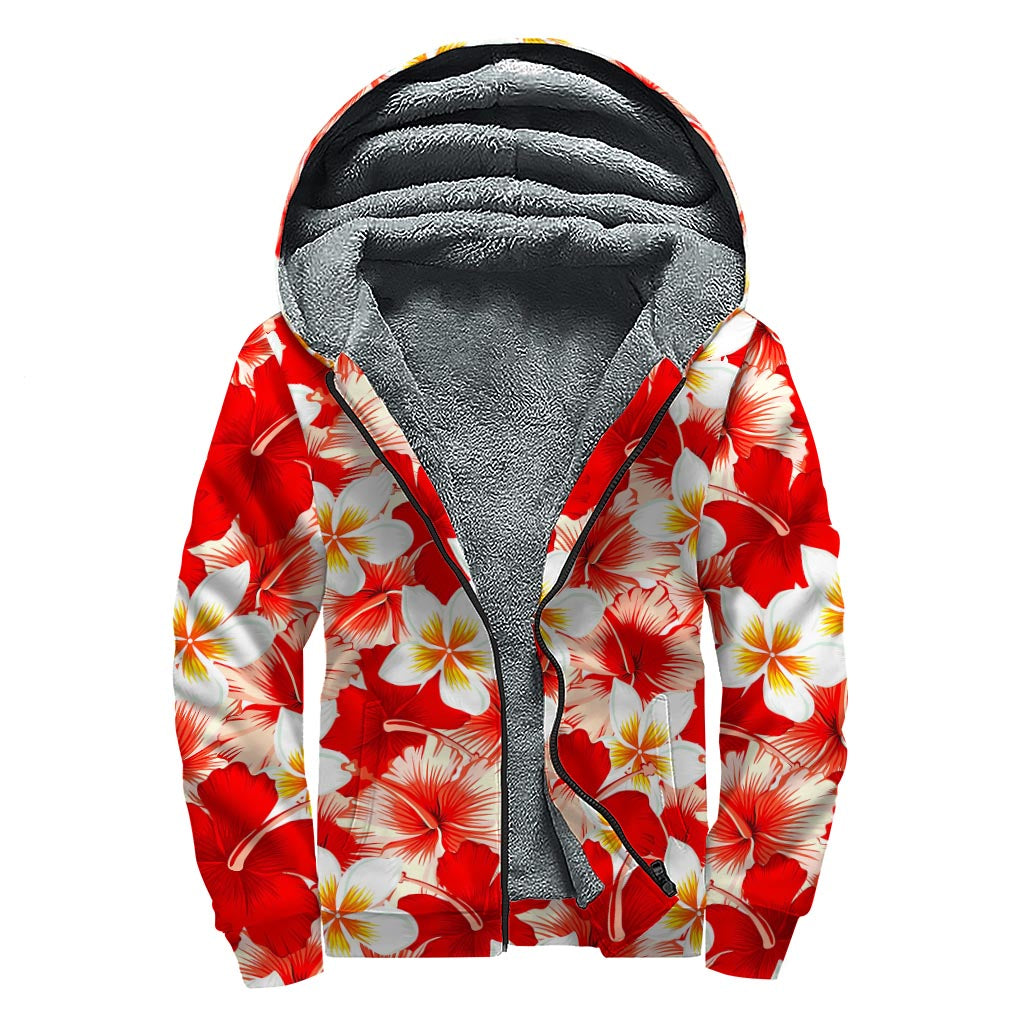 Red Hibiscus Plumeria Pattern Print Sherpa Lined Zip Up Hoodie