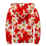 Red Hibiscus Plumeria Pattern Print Sherpa Lined Zip Up Hoodie