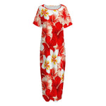 Red Hibiscus Plumeria Pattern Print Short Sleeve Long Nightdress