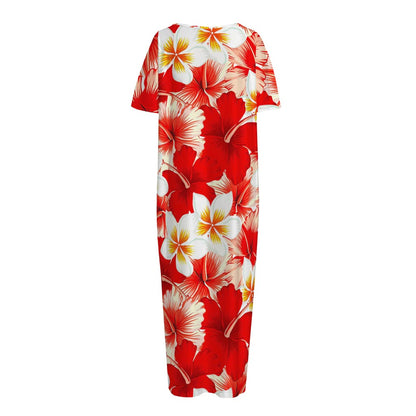Red Hibiscus Plumeria Pattern Print Short Sleeve Long Nightdress