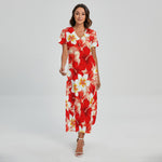 Red Hibiscus Plumeria Pattern Print Short Sleeve Maxi Dress