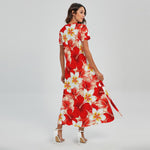 Red Hibiscus Plumeria Pattern Print Short Sleeve Maxi Dress