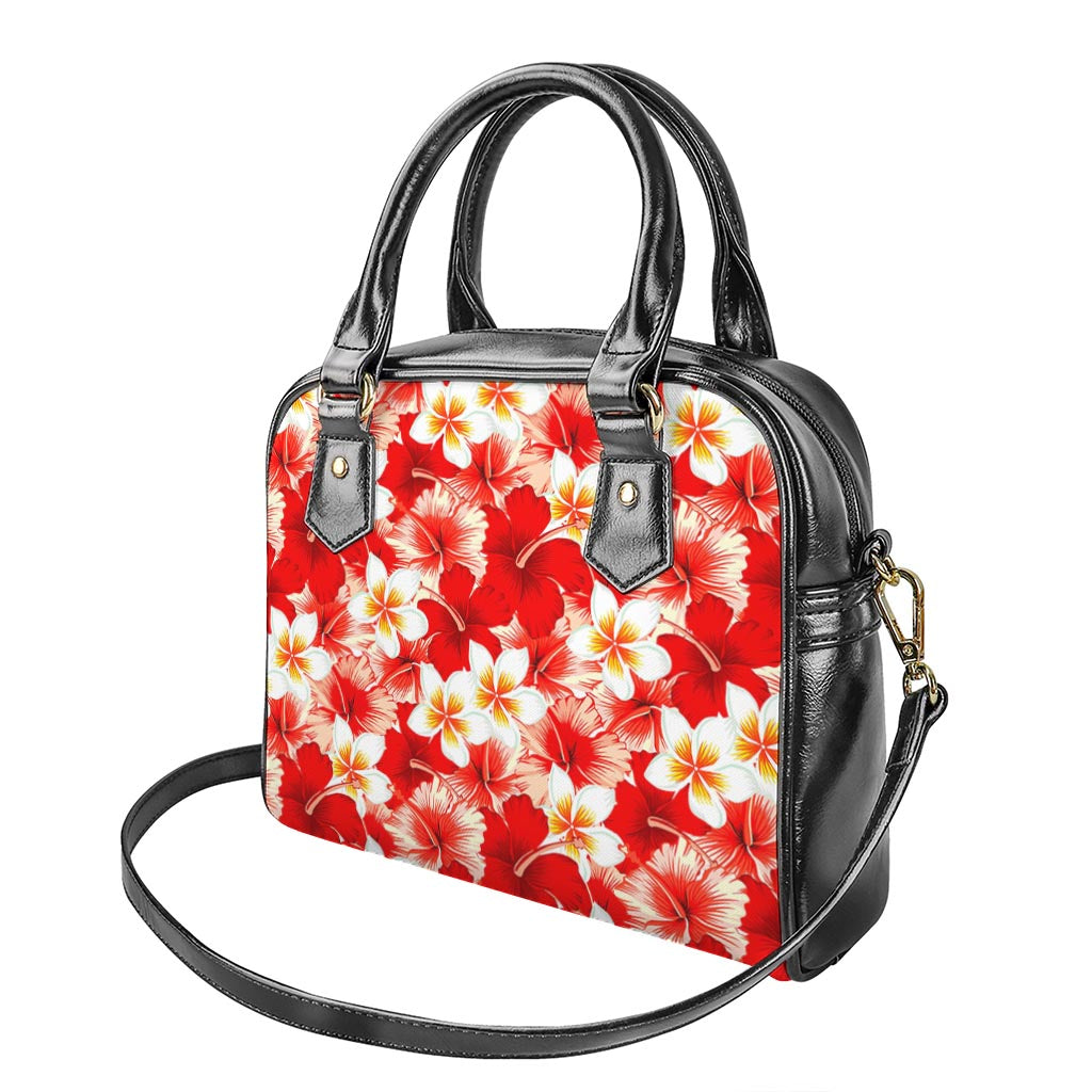 Red Hibiscus Plumeria Pattern Print Shoulder Handbag