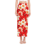 Red Hibiscus Plumeria Pattern Print Side Slit Maxi Skirt