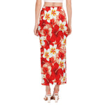 Red Hibiscus Plumeria Pattern Print Side Slit Maxi Skirt