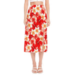 Red Hibiscus Plumeria Pattern Print Side Slit Midi Skirt