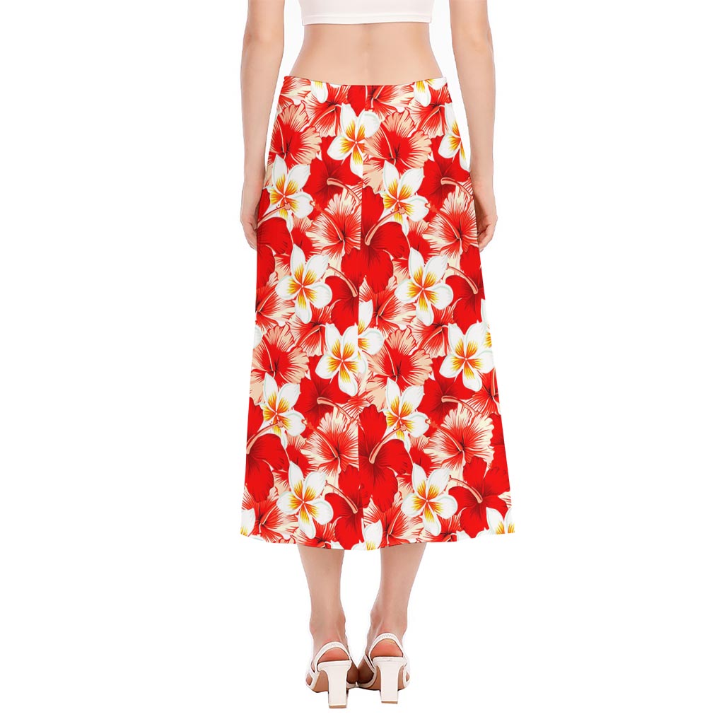 Red Hibiscus Plumeria Pattern Print Side Slit Midi Skirt