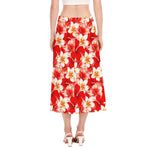 Red Hibiscus Plumeria Pattern Print Side Slit Midi Skirt