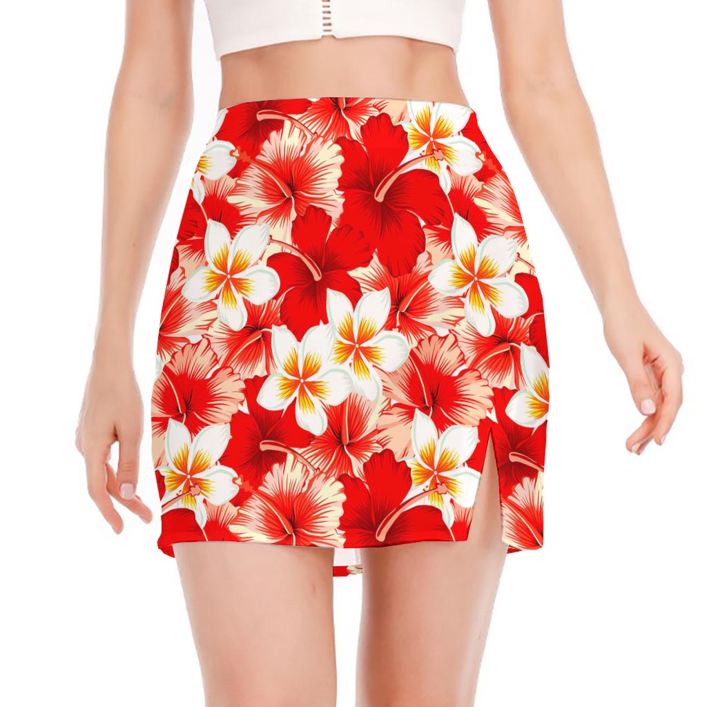 Red Hibiscus Plumeria Pattern Print Side Slit Mini Skirt