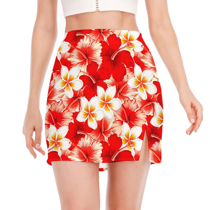 Red Hibiscus Plumeria Pattern Print Side Slit Mini Skirt