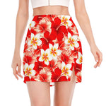 Red Hibiscus Plumeria Pattern Print Side Slit Mini Skirt