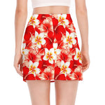 Red Hibiscus Plumeria Pattern Print Side Slit Mini Skirt