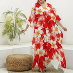 Red Hibiscus Plumeria Pattern Print Silk V-Neck Kaftan Dress