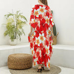 Red Hibiscus Plumeria Pattern Print Silk V-Neck Kaftan Dress