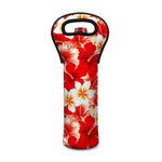 Red Hibiscus Plumeria Pattern Print Single Neoprene Wine Tote