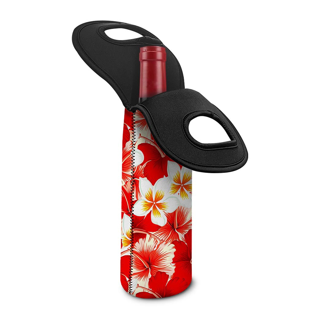 Red Hibiscus Plumeria Pattern Print Single Neoprene Wine Tote