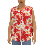 Red Hibiscus Plumeria Pattern Print Sleeveless Baseball Jersey