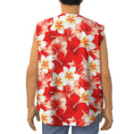 Red Hibiscus Plumeria Pattern Print Sleeveless Baseball Jersey