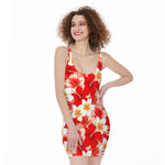 Red Hibiscus Plumeria Pattern Print Sleeveless Bodycon Dress