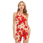 Red Hibiscus Plumeria Pattern Print Sleeveless One Piece Swimsuit