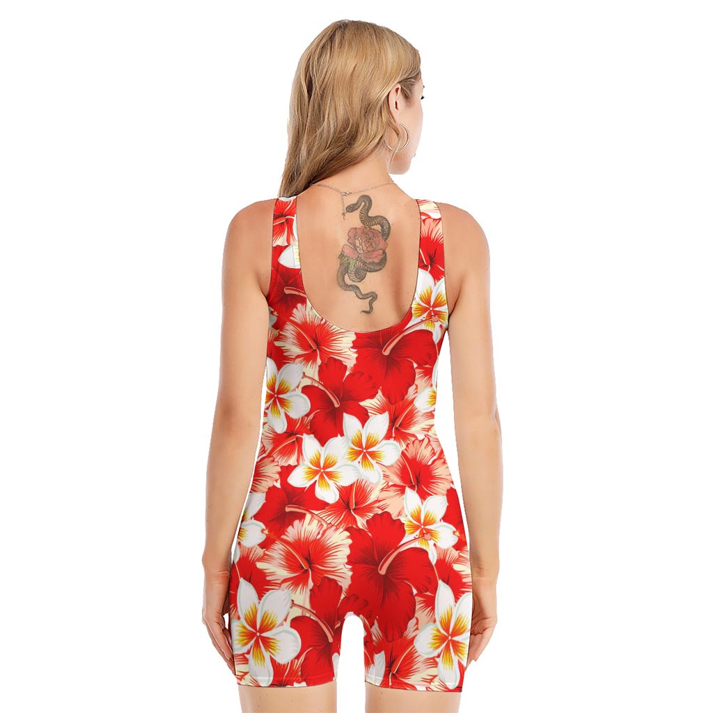 Red Hibiscus Plumeria Pattern Print Sleeveless One Piece Swimsuit