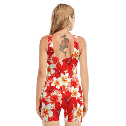 Red Hibiscus Plumeria Pattern Print Sleeveless One Piece Swimsuit
