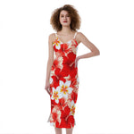 Red Hibiscus Plumeria Pattern Print Slim Fit Midi Cami Dress