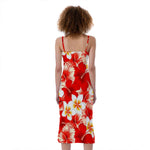 Red Hibiscus Plumeria Pattern Print Slim Fit Midi Cami Dress